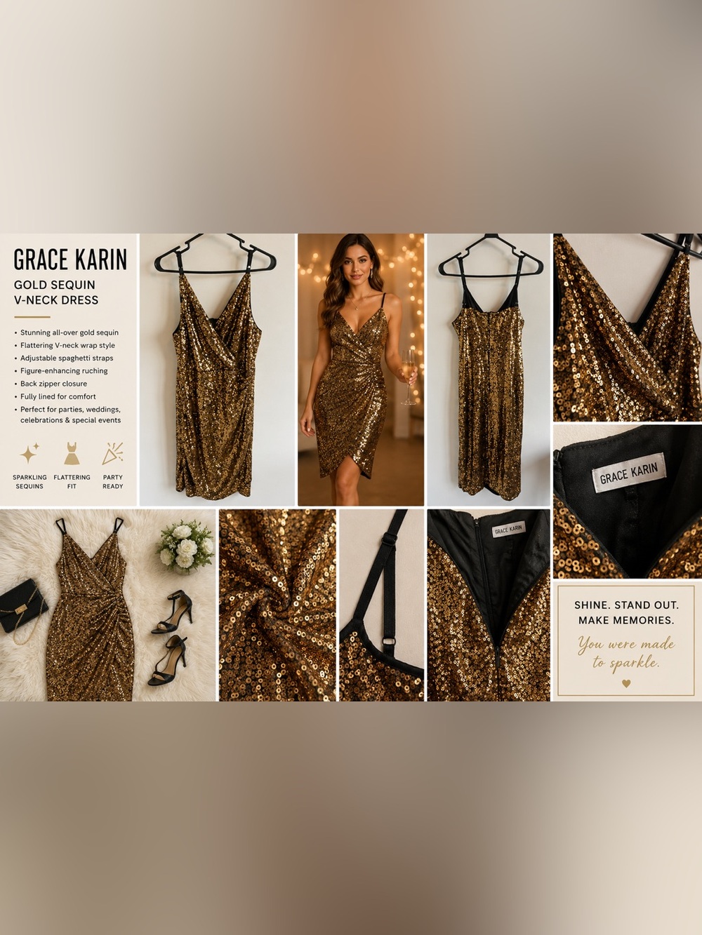Grace Karin Gold Sequin Mini Dress. Size large.